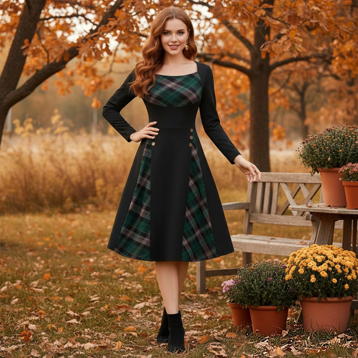 Women Vintage Plaid Patchwork Midi Dress Long Sleeve Square Neck Flared Dress Button Decor Autumn Casual Party Swing Dresses