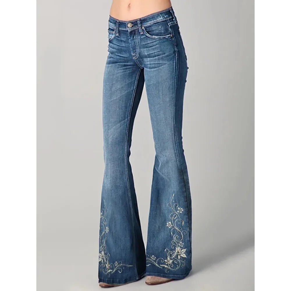 Women's Printed Flare Jeans - Figure Flattering Denim Pants,with Stretch for Casual and Retro Vintage Style