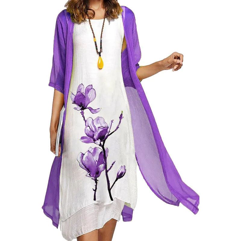 2025! EU-US Summer Women's Casual Elegance 2 Printed Crew-Neck Loose Dress Sweater Coat Set