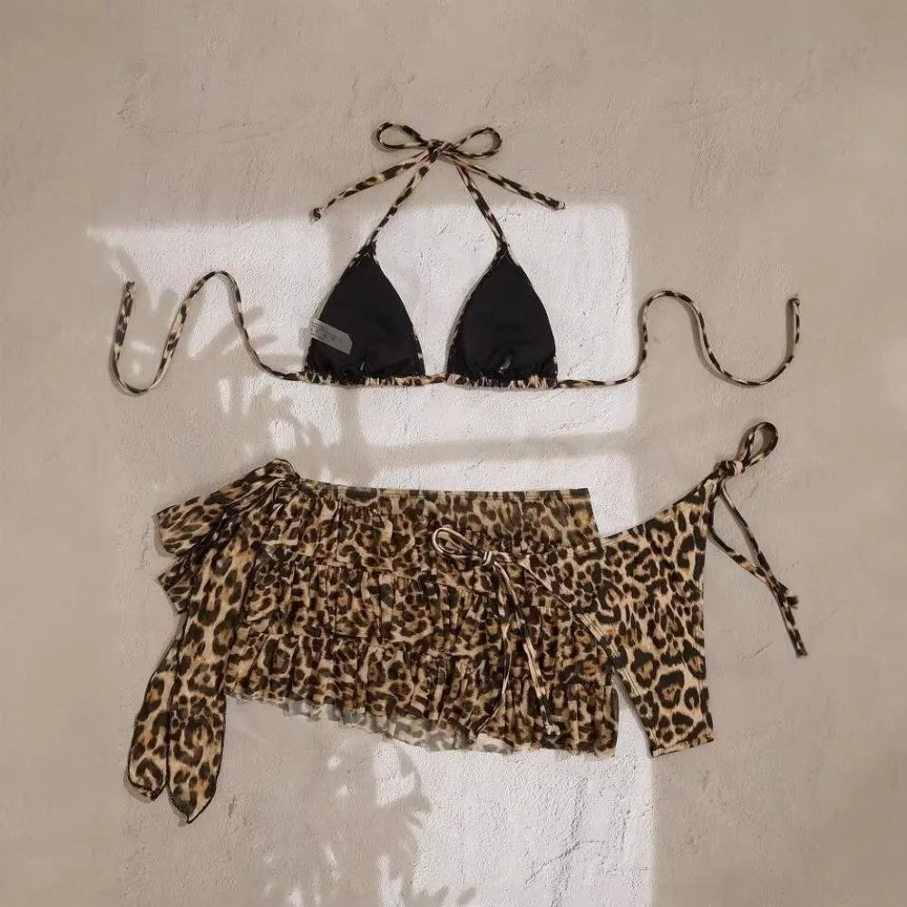 Fashion Leopard Print Women Swimsuit Padded 3-Piece Set Beach Bikini Push Up Sexy Swimsuit Summer Resorts
