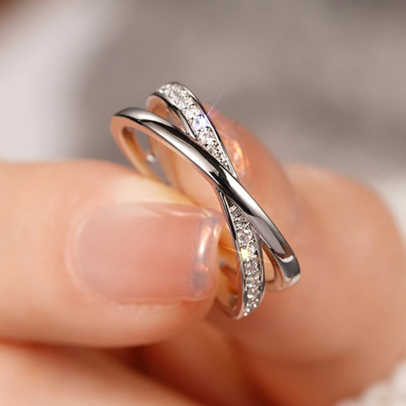 Huitan Fashion Silver Color Cross Ring Lady Trendy Low-key Jewelry with Brilliant Zirconia Stylish Daily Accessories for Women