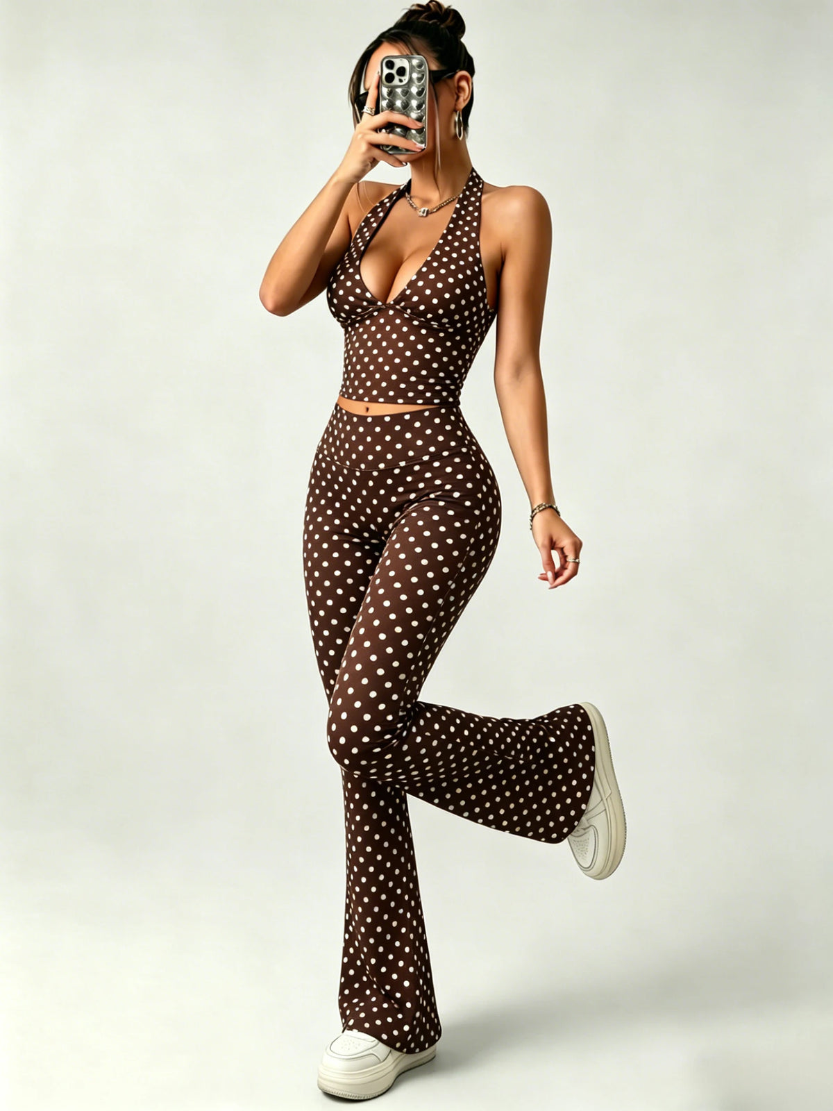 2Packs Women Y2K Polka Dot Matching Set Halter V Neck Crop Top High Waist Flare Pants Lounge Party Outfit