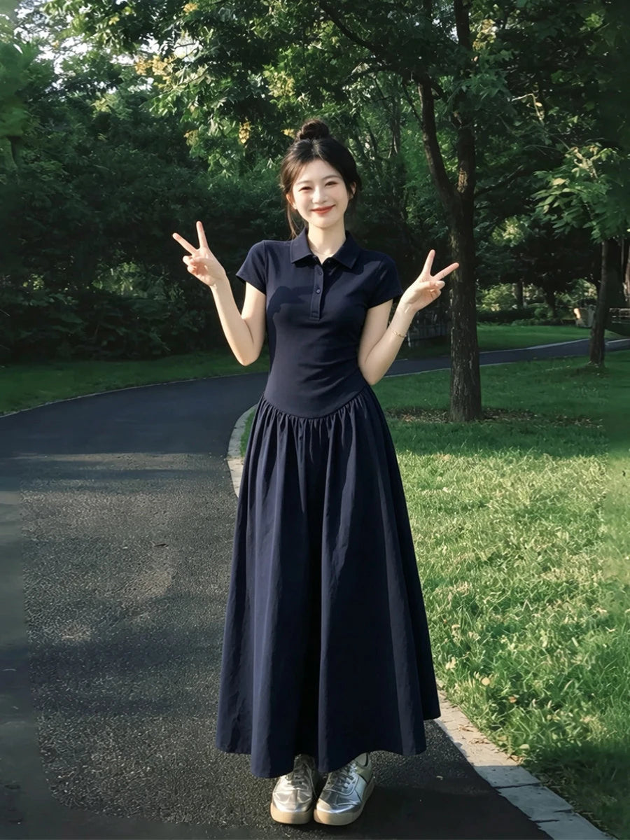 Hebe Style Collar Dress Women's A-Line Long Dress Slimming Waist Design Summer 2026 Fashion Elegant Versatile Short Sleeve