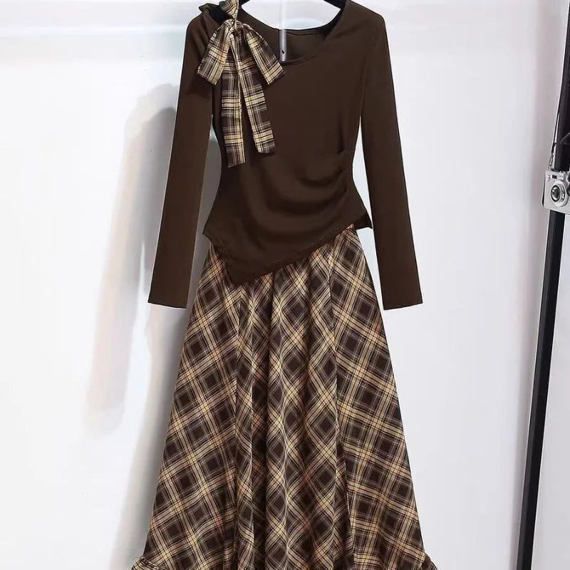 Women 2 Piece Outfit Long Sleeve Irregular Top and Plaid Long Skirt Set Bow Decor Two Piece Set Casual Party Matching Sets