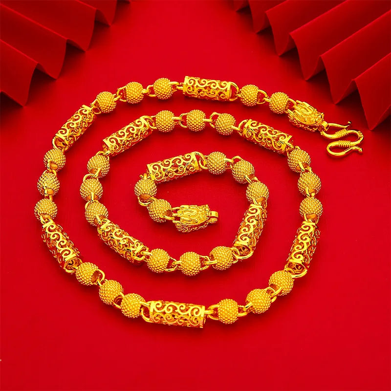 Necklace Personality Trendy 8mm 60cm Dragon Head Bold Hollow Necklace For Men 24K Gold AU999, Fashion Solid Gold Men Necklace