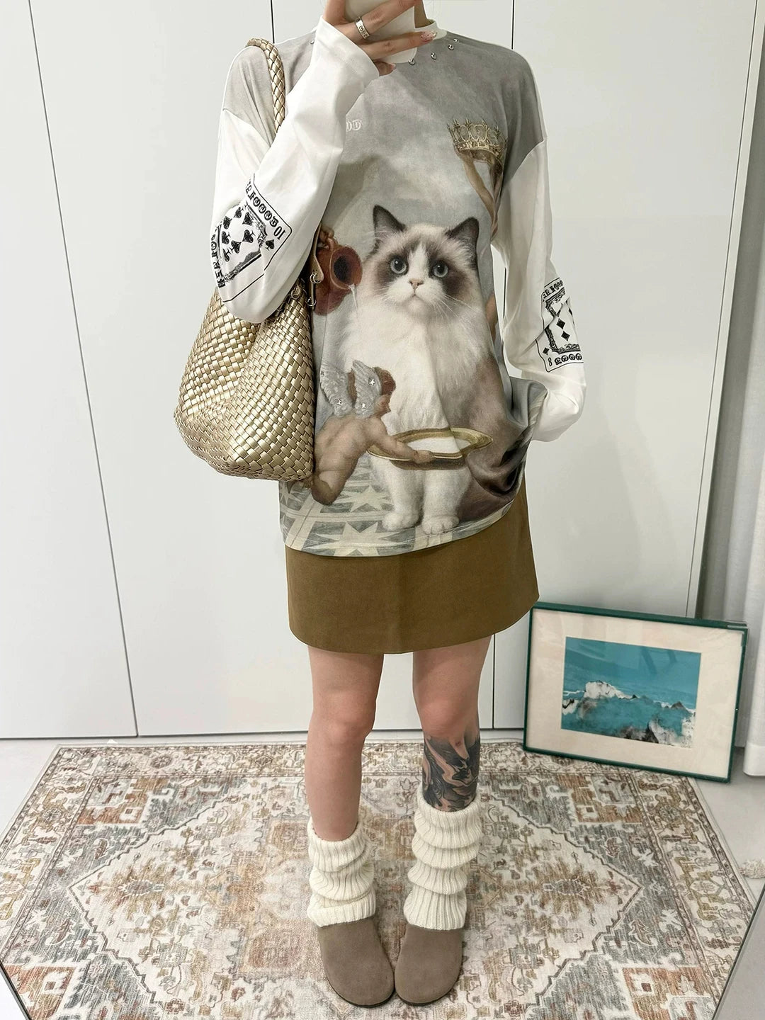 Sweatshirt Retro American round Neck White Sweatshirt Women Early Autumn New Print Loose Long Sleeve T-Shirt Lazy Style Top