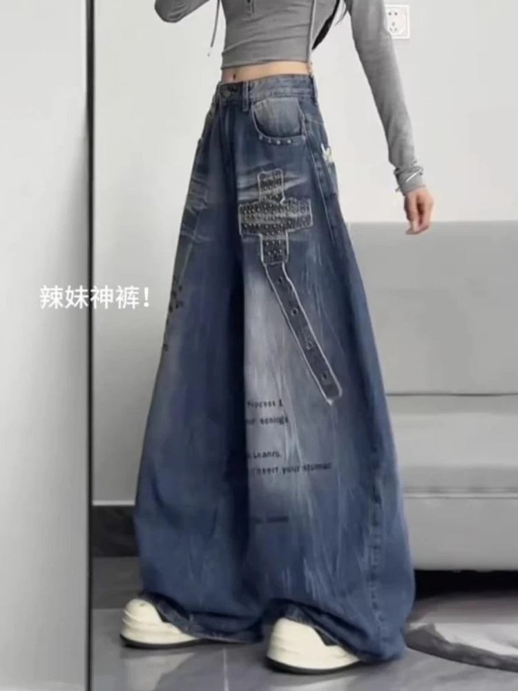 Women Harajuku Streetwear Y2K Baggy Jeans High Street Wide Leg Curved Knife Denim Pants Vintage Washed Letter Design Trousers