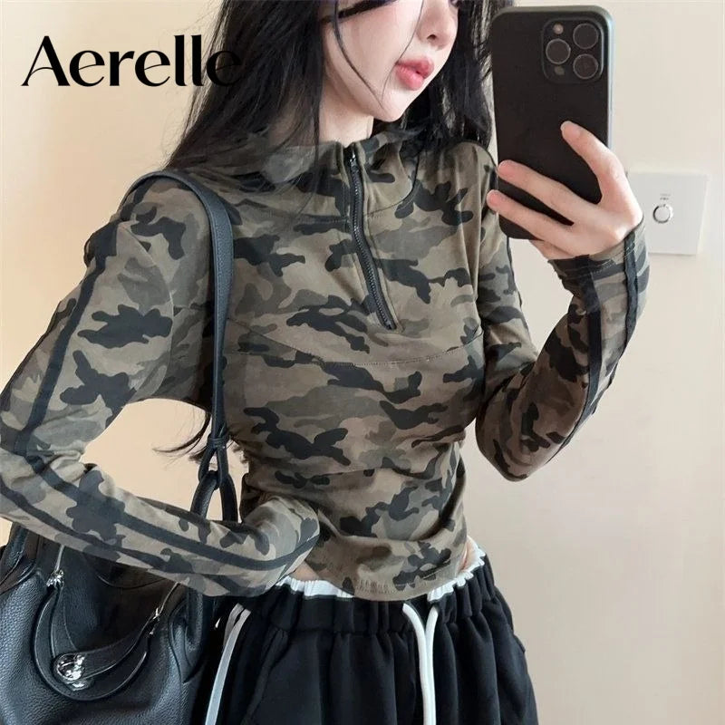 Women's Fashion Camo Print Half Zipper Hoodie Long Sleeve Tee Unique Design Slim Fitted Casual Pullover Tops for Women