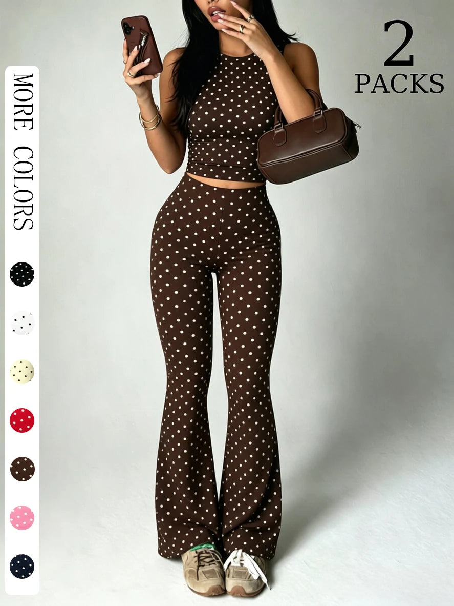 2Packs Y2K Women Polka Dot 2 Piece Set Crop Tank High Waist Flare Pants Vintage Club Daily Outfit
