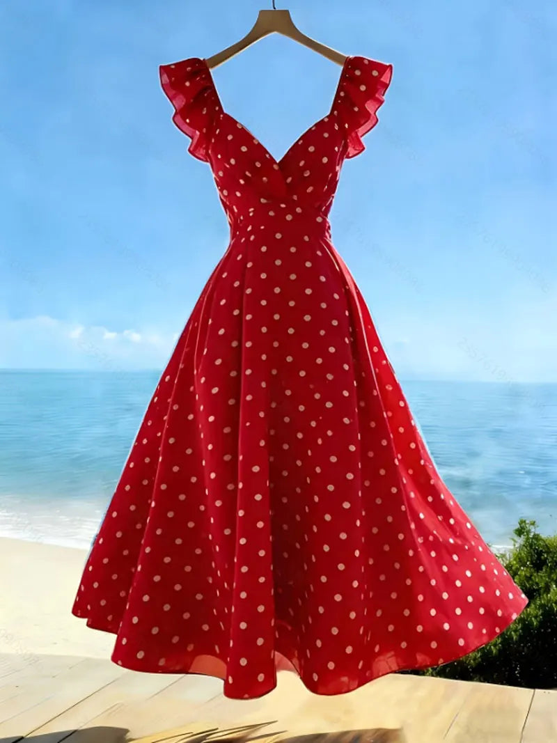 New Summer Sleeveless Dresses for Women V-Neck Women Dress Slim Dot Lace-up A-LINE Dress Women Vestidos De Verano Mujer