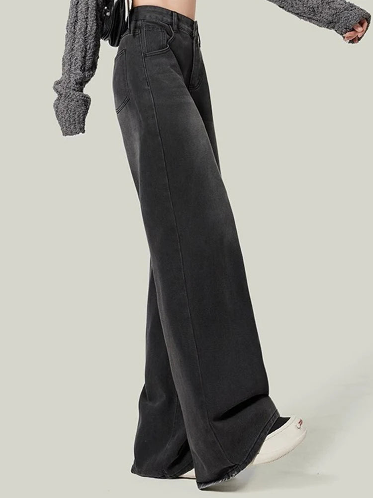 2024 Woman Korean High Waist Jeans Lady Slim Fit Loose Denim Wide Leg Pants Girls Black Gray High Street Straight Leg Trousers