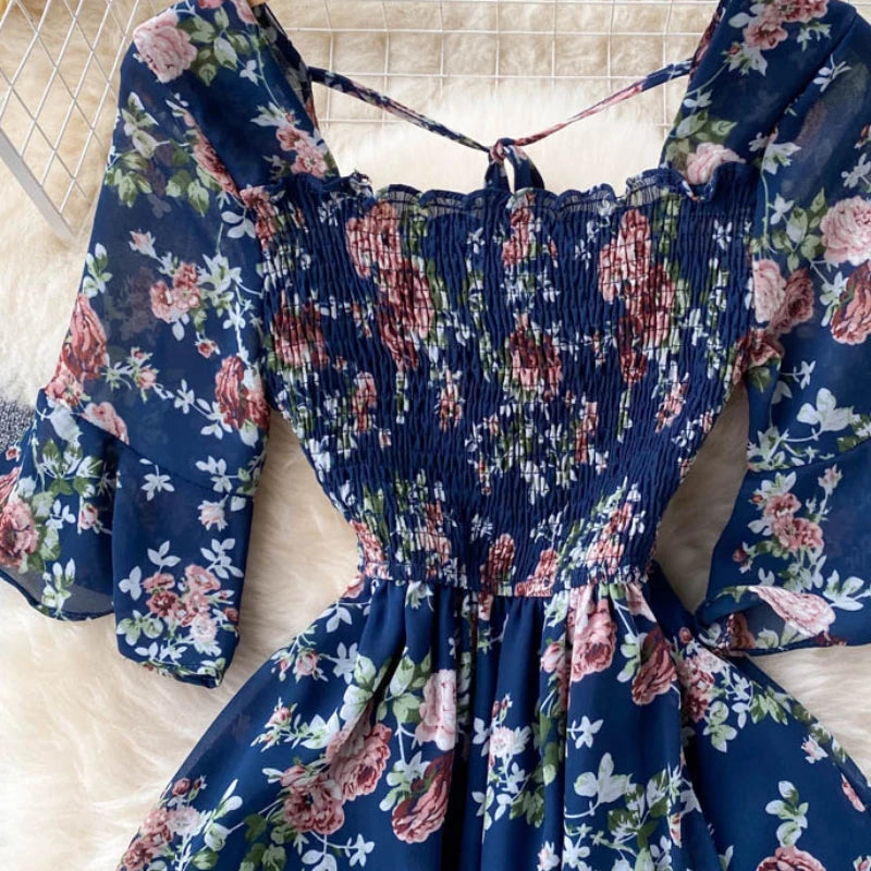 Fashion Summer Flower Print Long Dress Women Vintage Square Neck Ruched Chest Chiffon Sundress Party Vestidos