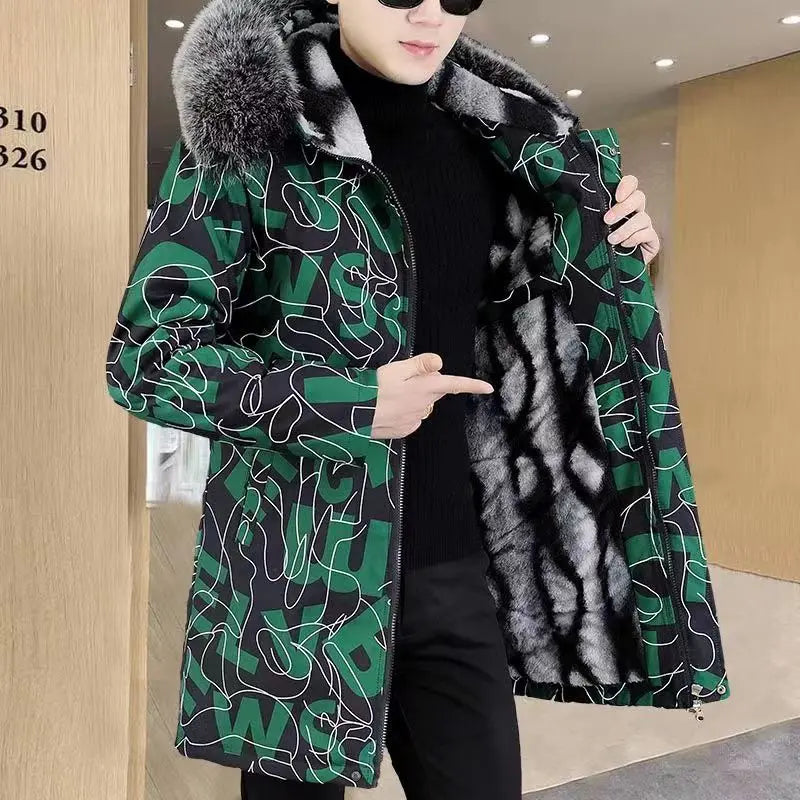 Cotton-Padded Coat Winter Men's Warm Parkas Coat Fashionable Mid-Length Thickened Jacket Brand Letter Print Fur collar