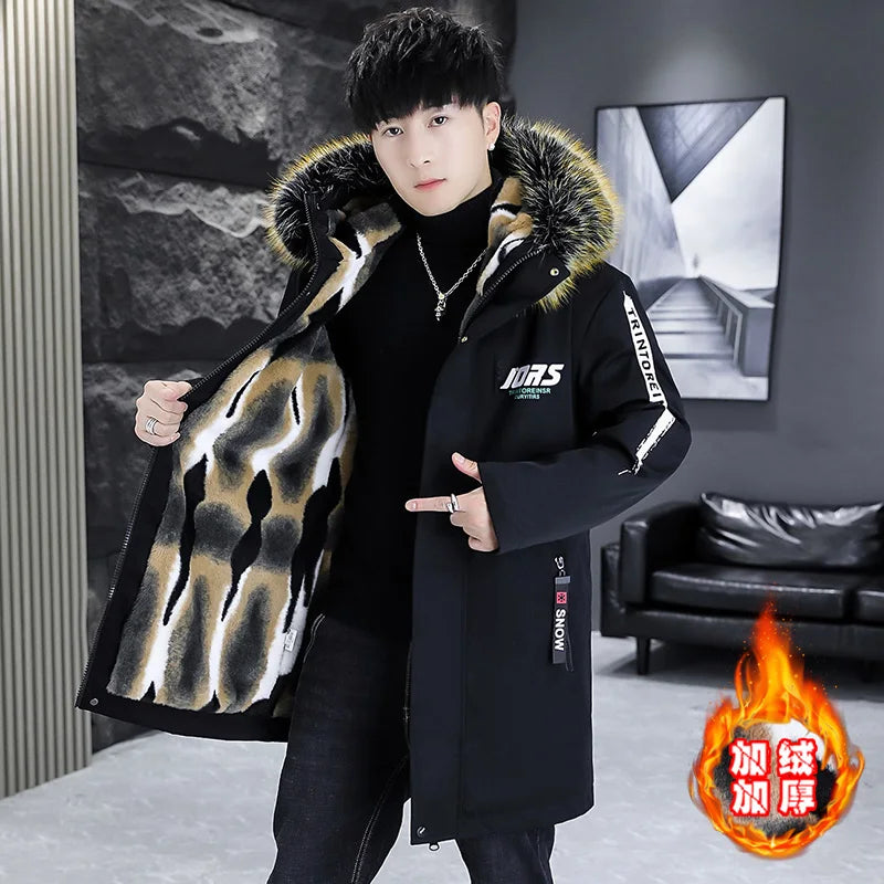 Winter New Men's Parka Hooded Woolen Collar Cotton Coat Thickened Warmth Fashionable Mid length Wool Liner Jacket