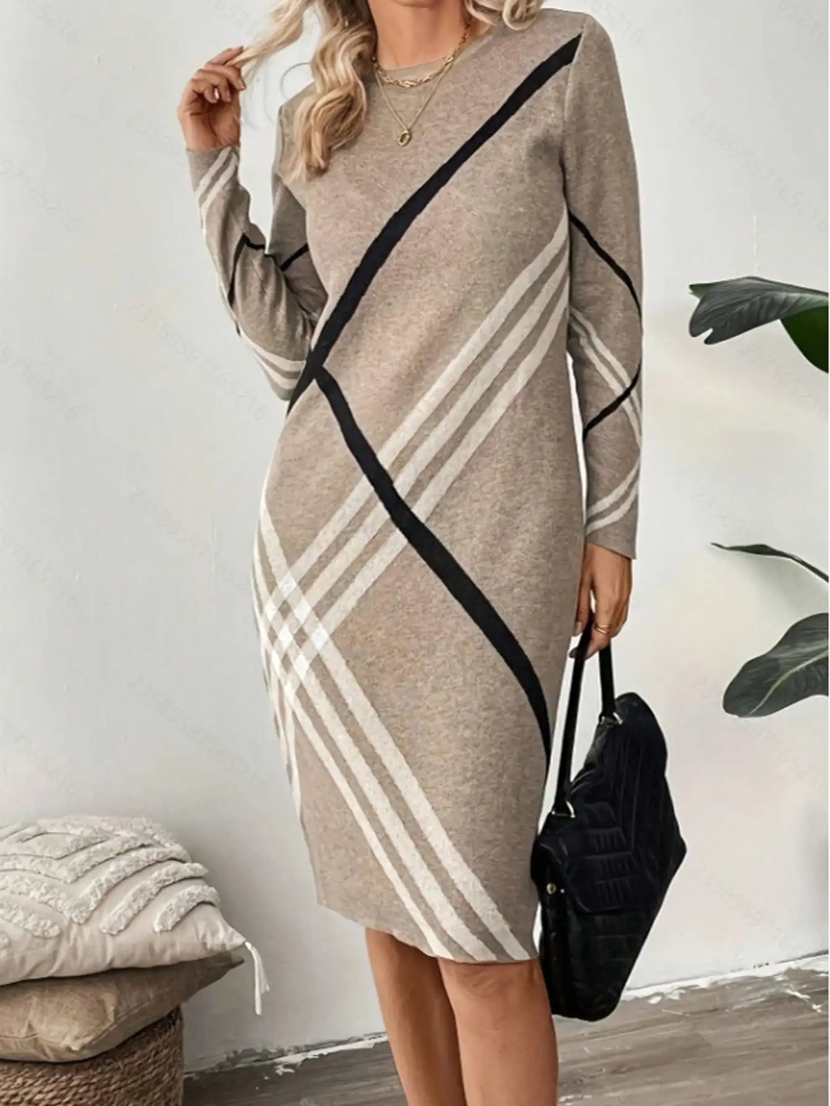Women's Plus Size Apricot Beige Cross Stripe Sweater Dress Long Sleeve Knitted Midi Shift Dress Autumn Winter