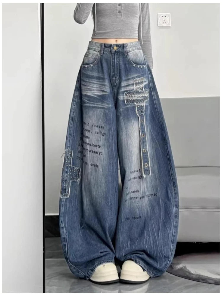 Women Harajuku Streetwear Y2K Baggy Jeans High Street Wide Leg Curved Knife Denim Pants Vintage Washed Letter Design Trousers