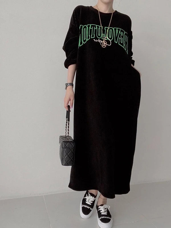 plus Size Women's Casual Korean Style Velvet Print Long Dress Autumn Loose Fit Straight Cut A-Line Dress Trendy Long Skirt