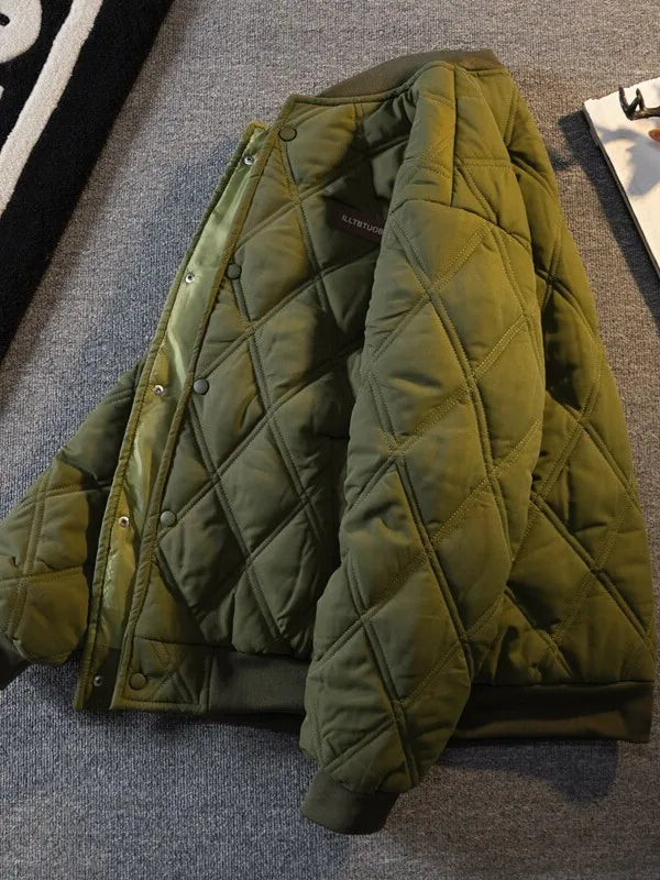 Coat Thickened Cotton Pilot Jacket Autumn Winter Style Unisex Diamond Grid Design Warmth Baseball Collar Short Length Coat