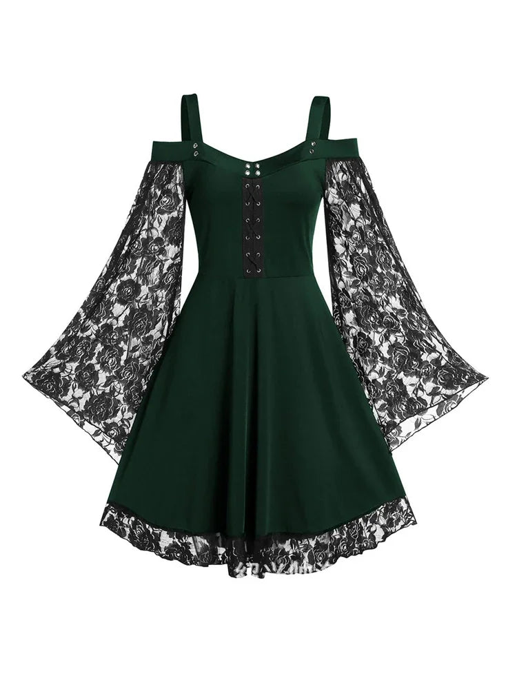 Dress Gothic Lace 2022 Gothic One-shoulder Lace Stitching Flared Sleeve Dress Literary Vintage Autumn Grunge Black A-line Dress Punk Partywear