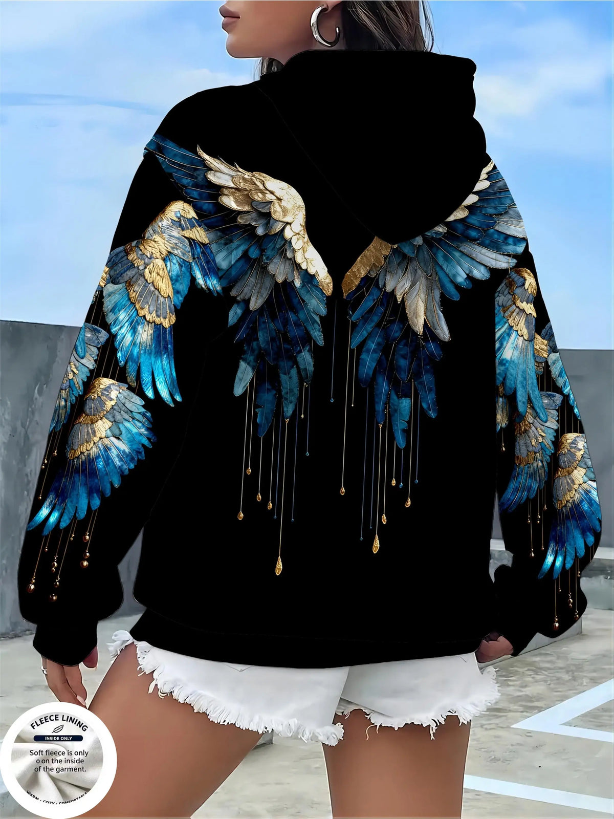 Women Fleece Hoodie Angel Wings Back Print Long Sleeve Loose Casual Warm Hooded Sweatshirt