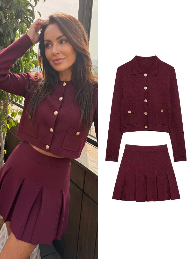 HH Elegant Women Knitted Red Skirts Suits Lapel Single Breasted Long Sleeve Cardigan Elastic Waist Mini Skirt Casual Party Sets