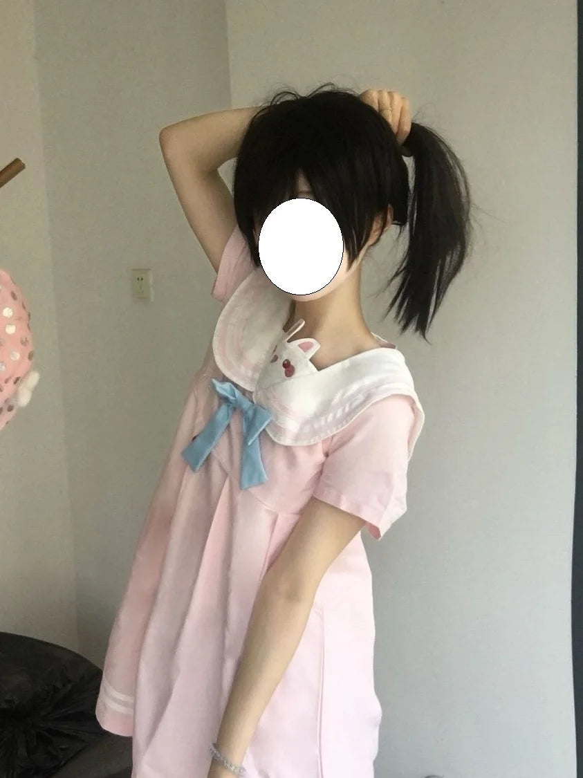 Dress Cute Y2K Japanese Soft Girl Little Rabbit Ear Design Navy Collar Pleated Skirt Slimming Dress Student Friendly Daily Wear