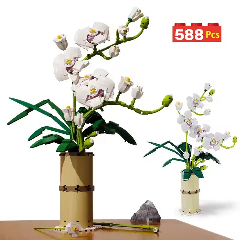 588PCS MOC Phalaenopsis Orchid Bouquet Building Blocks Potted Floral Model with Vase Creative Mini Bricks Home Decor Gift