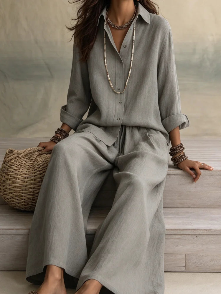 Women Co Ord Set Lapel Shirt Wide Leg Pants 2 Piece Outfit Solid Long Sleeve Button Down Matching Suit Casual for Vacation Daily