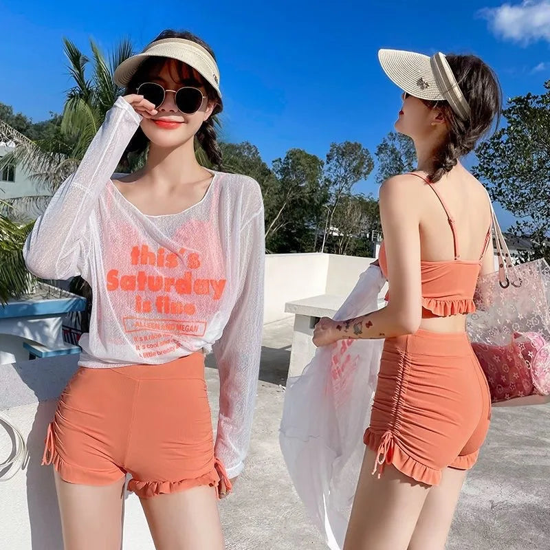 Women 3‑Piece Bikini Set High Waist Ruffle Shorts Swimwear Long Sleeve Sheer Cover Up Beach Bathing Suit for Pool Holiday Travel