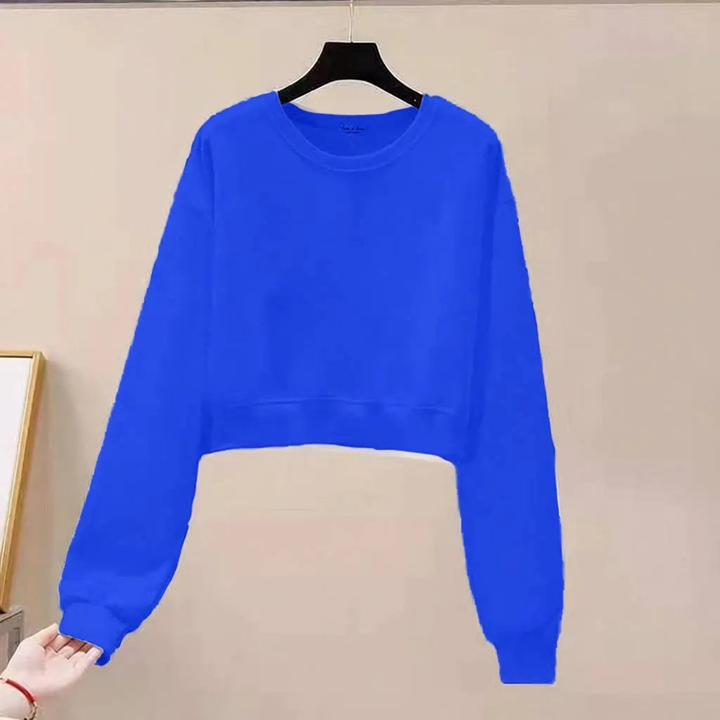 Sweatshirt Slimming High Waist Short Sweatshirt Women's Loose Casual Long Sleeve Hoodie round Neck Thin Top Female Fashion Autumn Wear