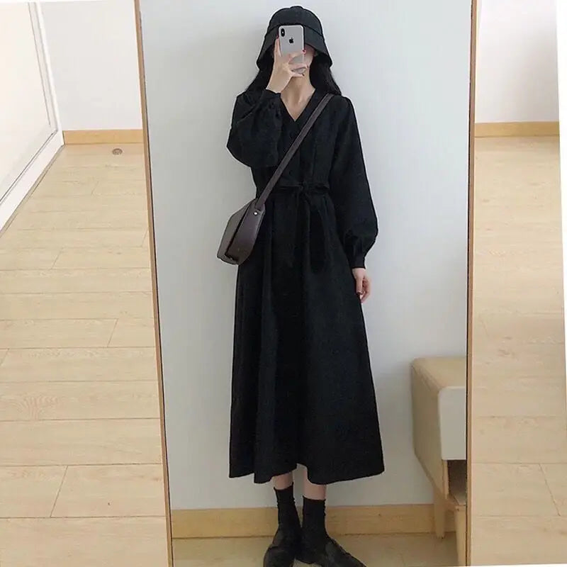 Dress Hebe Style Elegant Black Long Dress Women's Shirt Collar Waist-Cinching Slimming Autumn Winter Korean Version City Commute