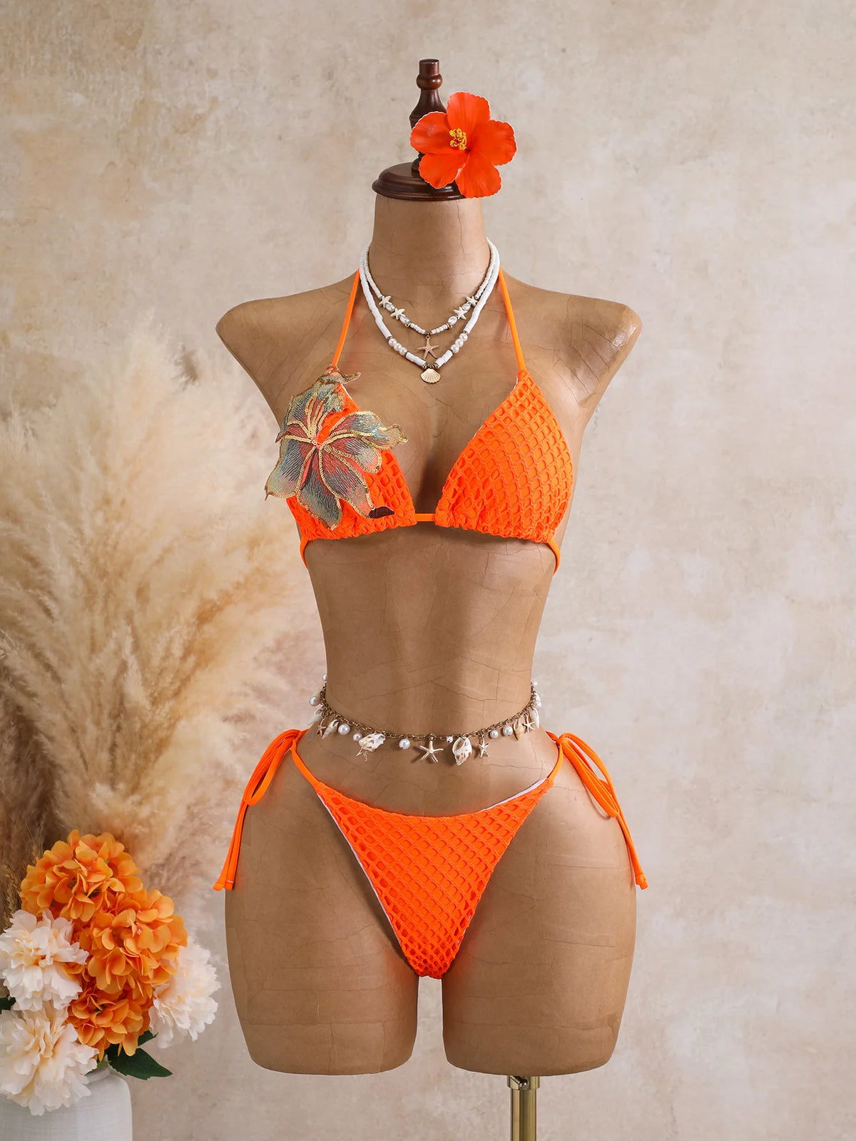 Women Solid Mesh Crochet 3 Piece Bikini Set Embroidery Floral Halter Triangle Top Side Drawstring Cover Up Skirt Swimwear