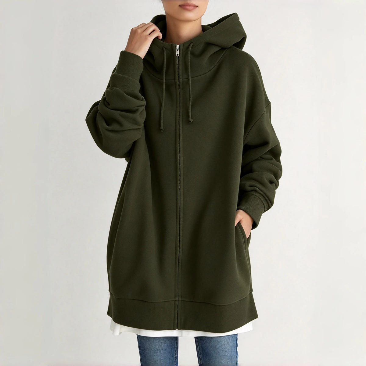 Women Oversized Long Hooded Zip Up Sweatshirt, Casual Loose Mid Length Hoodie Jacket With Pockets, Fake Two Piece Hem Outerwear