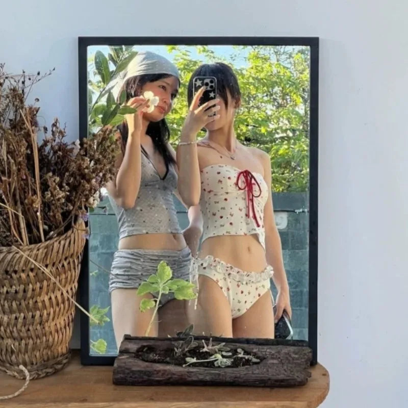 Women Vacation Printed Bikini Gathered Pure Desire Tummy Control Slimming Sweet Modest Swimwear Beach Swimming Pool Bathing Suit