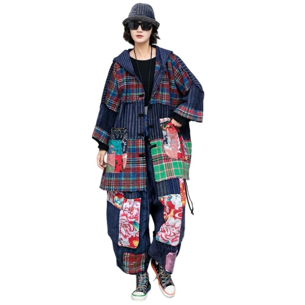 Set Niche Vintage-style Women Autumn Pant Set Cardigan Hooded Mid-length Coat + Loose Wide-leg Pants Two Piece Set LX6878