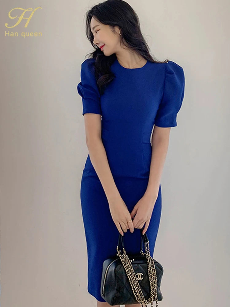 Hot Sale Summer Sheath Pencil Dress Simple Formal Office Lady Work Elegant Blue Solid Puff Sleeve Lace up Slim Party Dresses