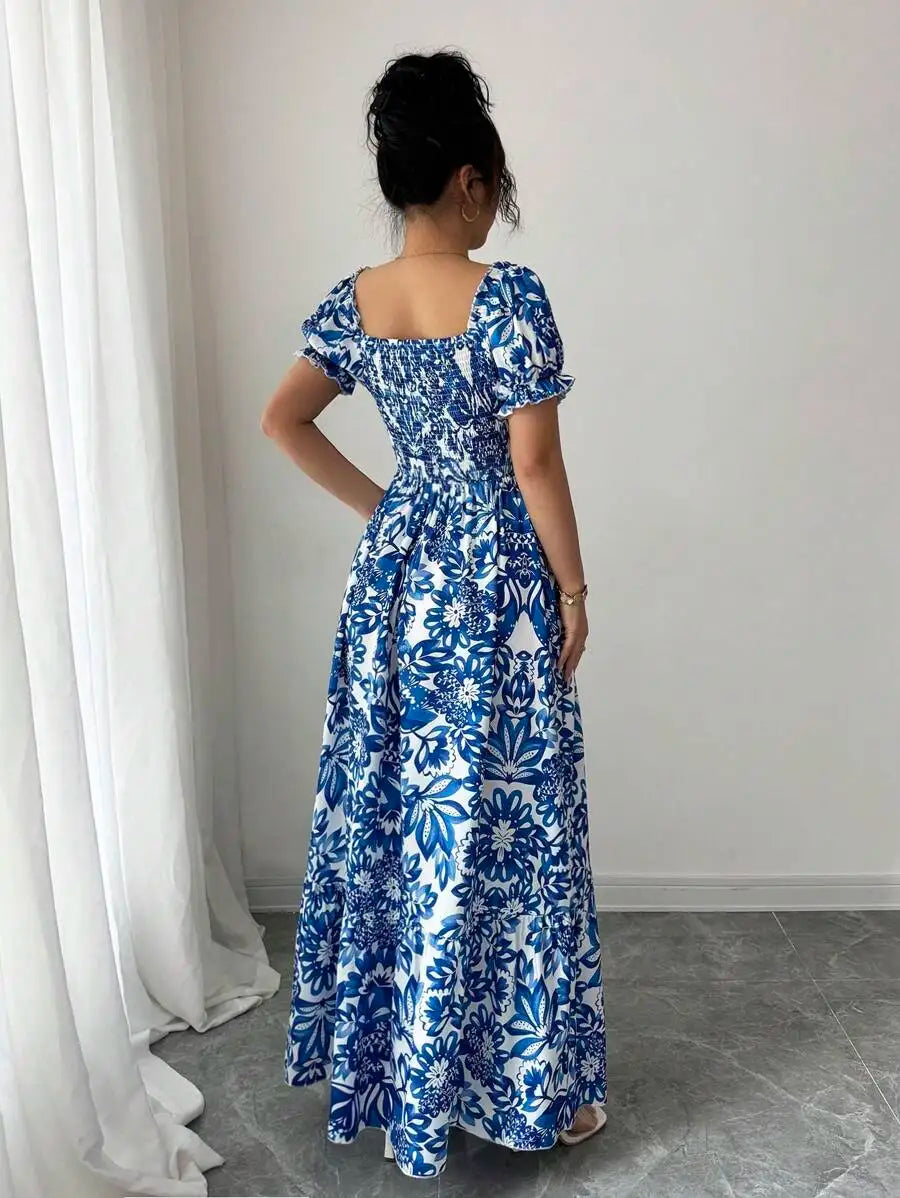 Elegant Blue Floral Print Dress for Women with Bubble Sleeves Long Casual Vacation Front Tie Back Gathered Waist