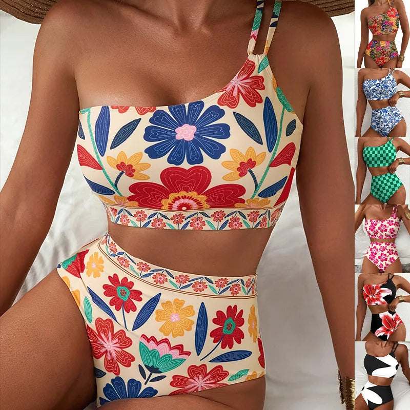 Floral High-Waisted Bikini Set, 2-Piece Printed Tummy Control Swimsuit