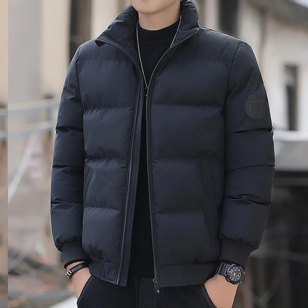 Men Stand Collar Puffer Jacket Solid Color Zip Up Warm Winter Coat Casual Lightweight Bubble Outwear With Circle Patch