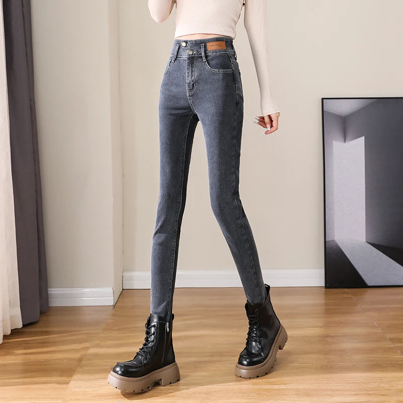 Autumn Woman Skinny Jeans High Waist Slim Korean Elastic Pencil Pants Female Fashion Denim Trousers Brand Grey Black