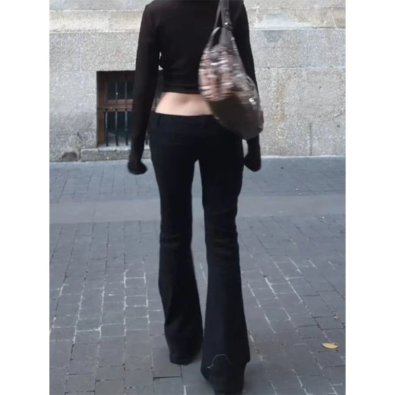 Women's Low Rise Jeans Black Flared Denim Pants Gyaru American Retro Korean Cyber Punk Trumpet Jeans Y2k Skinny Bell Bottom