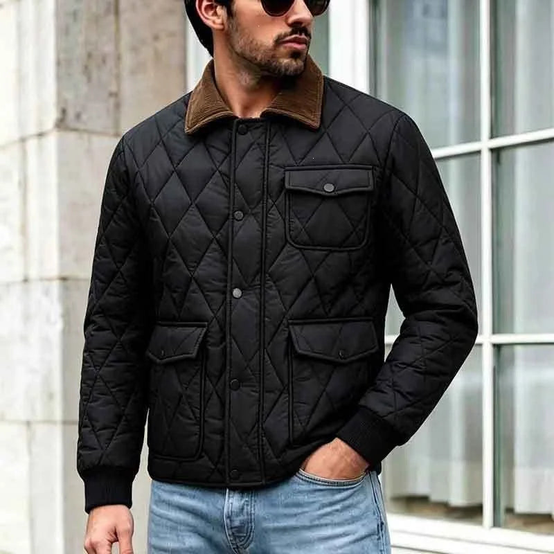 KIDWHXR Man Jacket Winter Retro Contrast Color Turn Down Collar Male Parkas Single-breasted Long Sleeve Pocket Men Casual Coat