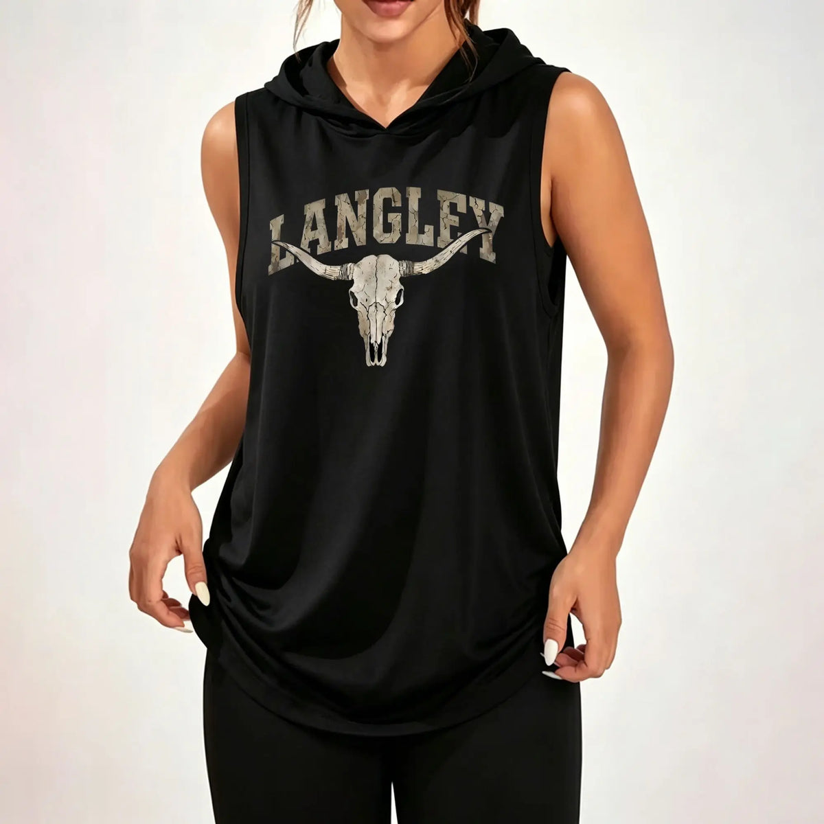 Women Sleeveless Hooded Tank Top Vintage Western Langley Bull Skull Graphic Print Casual Loose Sleeveless Hoodie Daily Hood Tank Tops ****