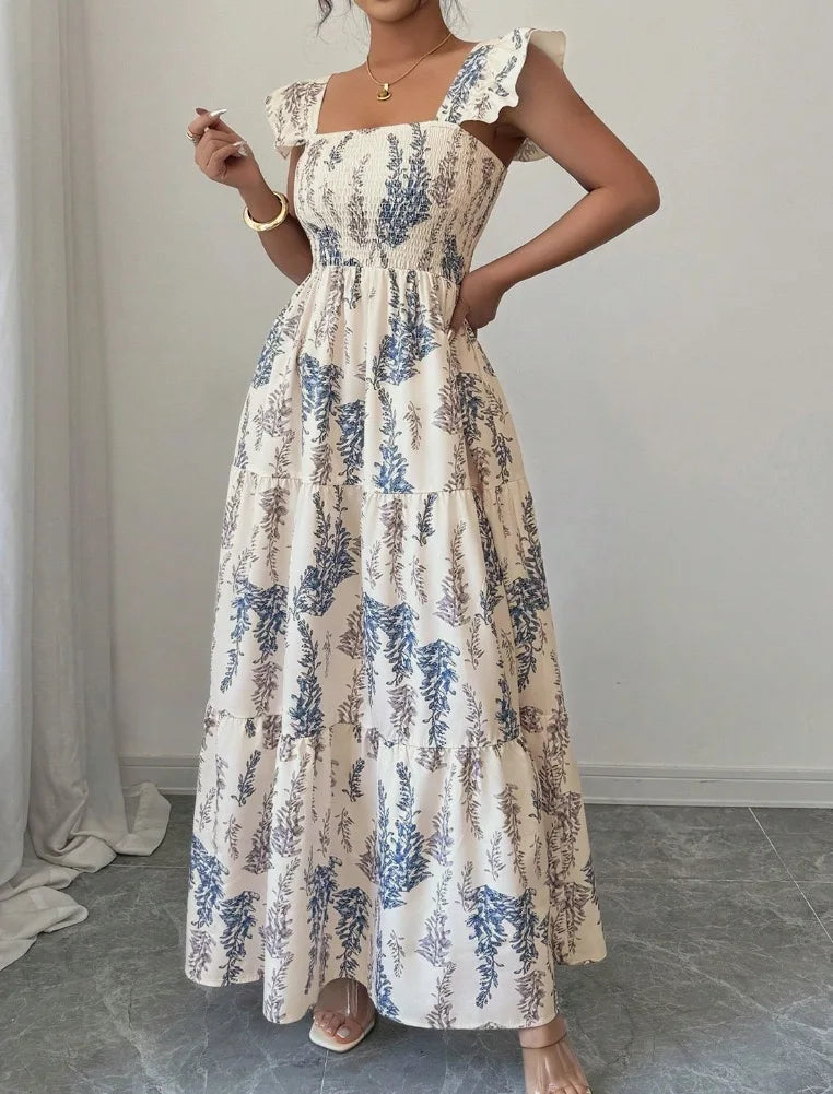 Women's Blue Fern Print Boho Maxi Dress Square Neck Ruffle Sleeve Smocked Sundress for Casual Holiday Vacation Wear
