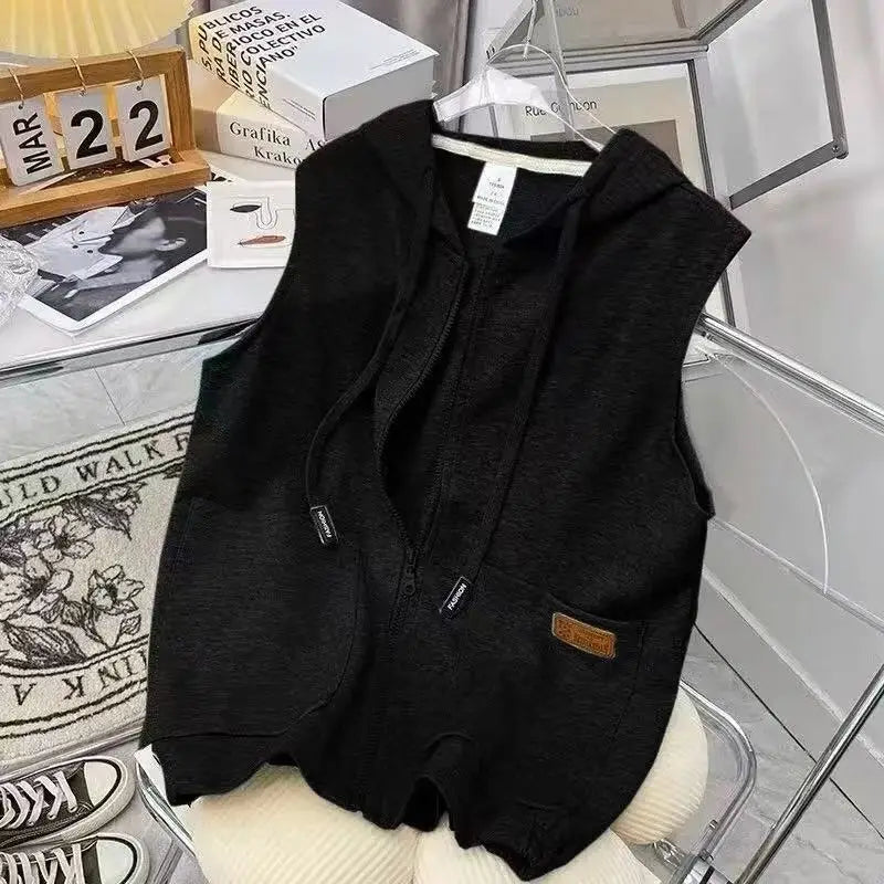 Casual Sleeveless Hoodies Sweatshirts Zipper Cardigans Women Hooded Vest Loose Fitting Korean Fashion Streetwear Sleeveless Tops