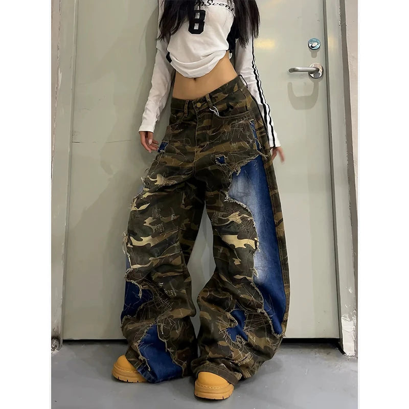 American Style Vintage Street Style Camouflage Patchwork Women's Jeans With Casual Frayed Edges Wide Leg Pants Autumn