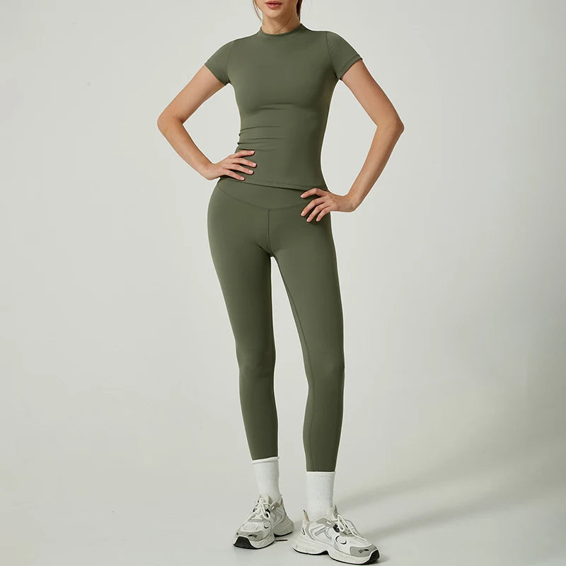 Quick-Drying Gym Leggings Set Sport Suit Short Sleeve Breathable Stretchy Slim Fitness Active Top Tight Gym Set
