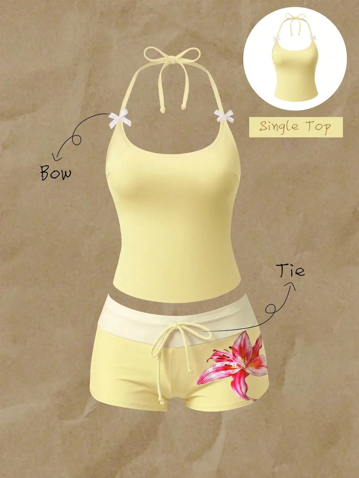 Women 2Pcs Bikinis Tankini Set Halter Bow Tank Top Contrast Waistband Floral Drawstring Boyshort Beach Swimwear Bathing Suit
