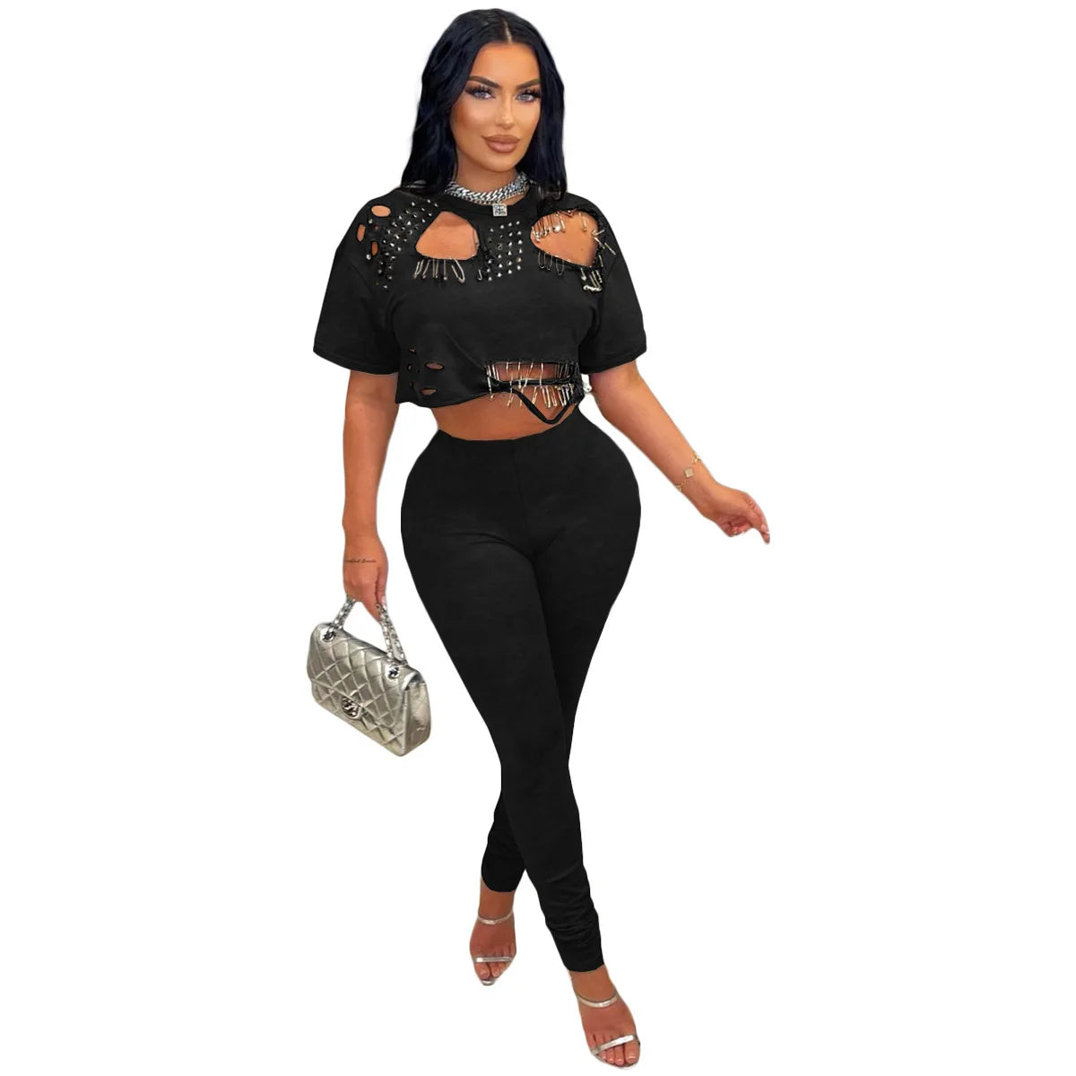 Women Punk 2 Piece Matching Set, Crew Neck Cutout Rivet Pin Decor Crop Top High Waist Skinny Pants Streetwear Outfit