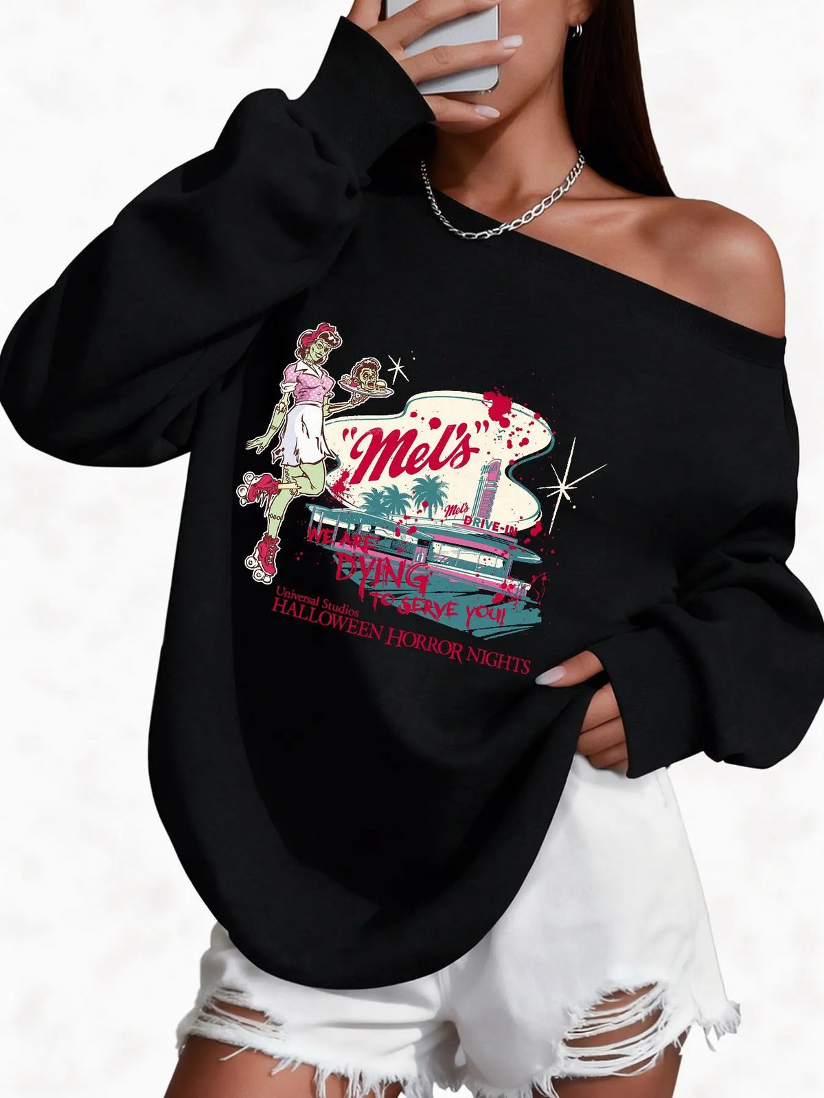 Plus Size 50% Cotton Vintage Horror Retro Graphic Print High Quality Women'S Off-Shoulder Wide Neck Sweatshirt Warm Casual Tr